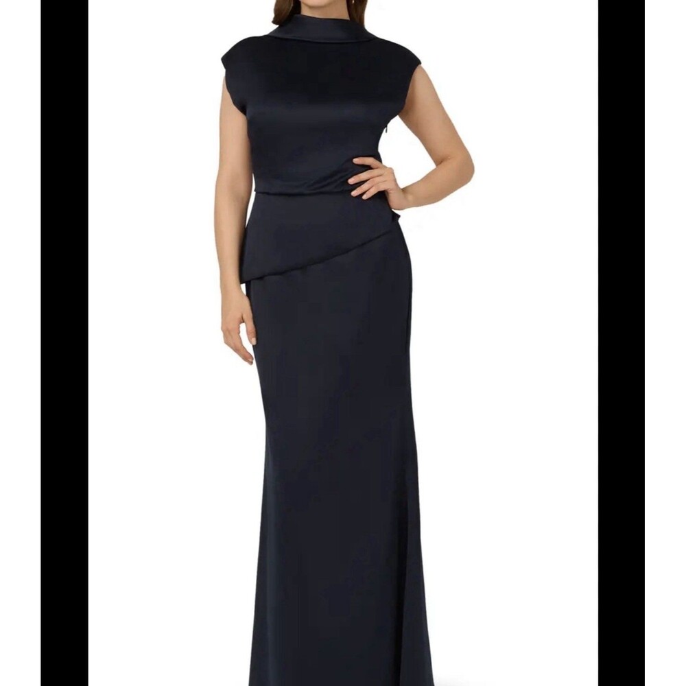 Adrianna Papell Popover Satin Crepe Gown Blue Color Size 16